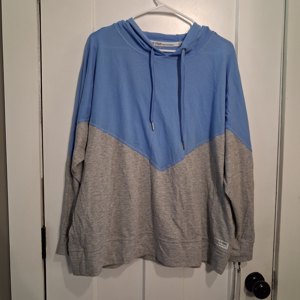 Calvin Klein Performance Hoodie Women 1X Blue Grey Chevron Athleisure Loungewear